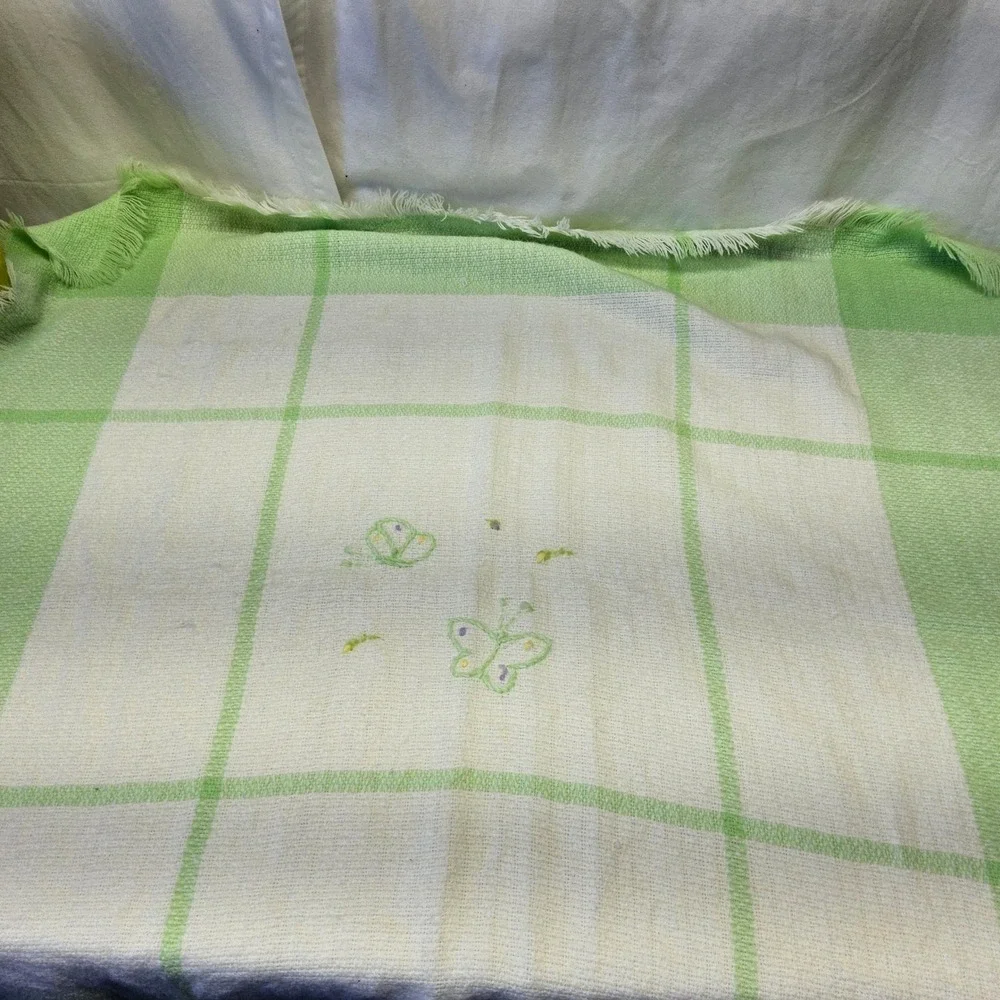 The Three Weavers Handwoven Baby Blanket Kids Green White Butterfly Plaid Fringe